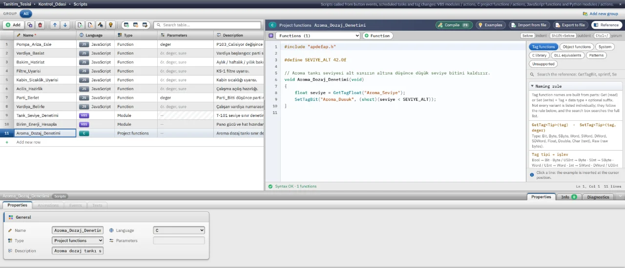 The C script editor with a function library that inserts examples at the cursor.