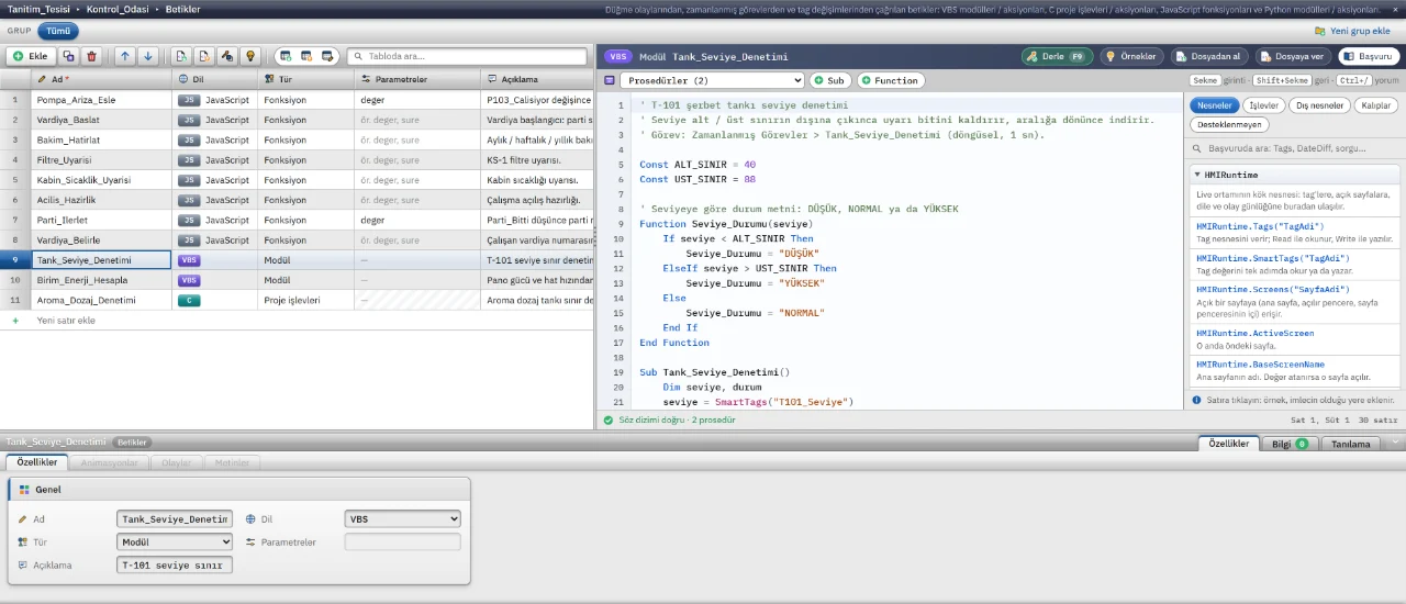 VBScript modülü, prosedür listesi ve nesne modeli başvurusuyla.