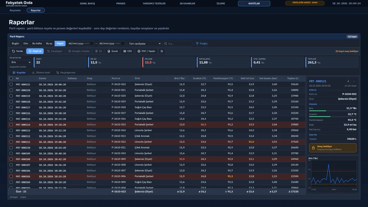 Parti kayıtlarının tablosu, istatistikler ve seçili kaydın grafiği.