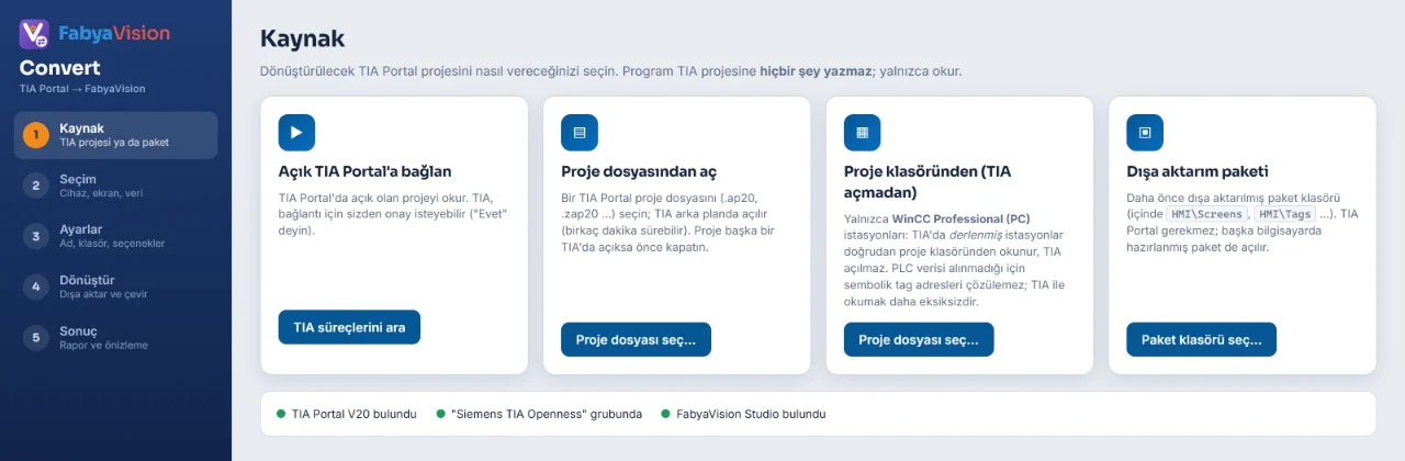 TIA Portal projesi açık TIA'dan, dosyadan, klasörden ya da dışa aktarım paketinden alınır.