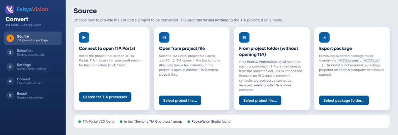 The TIA Portal project is taken from a running TIA, a file, a folder or an export package.