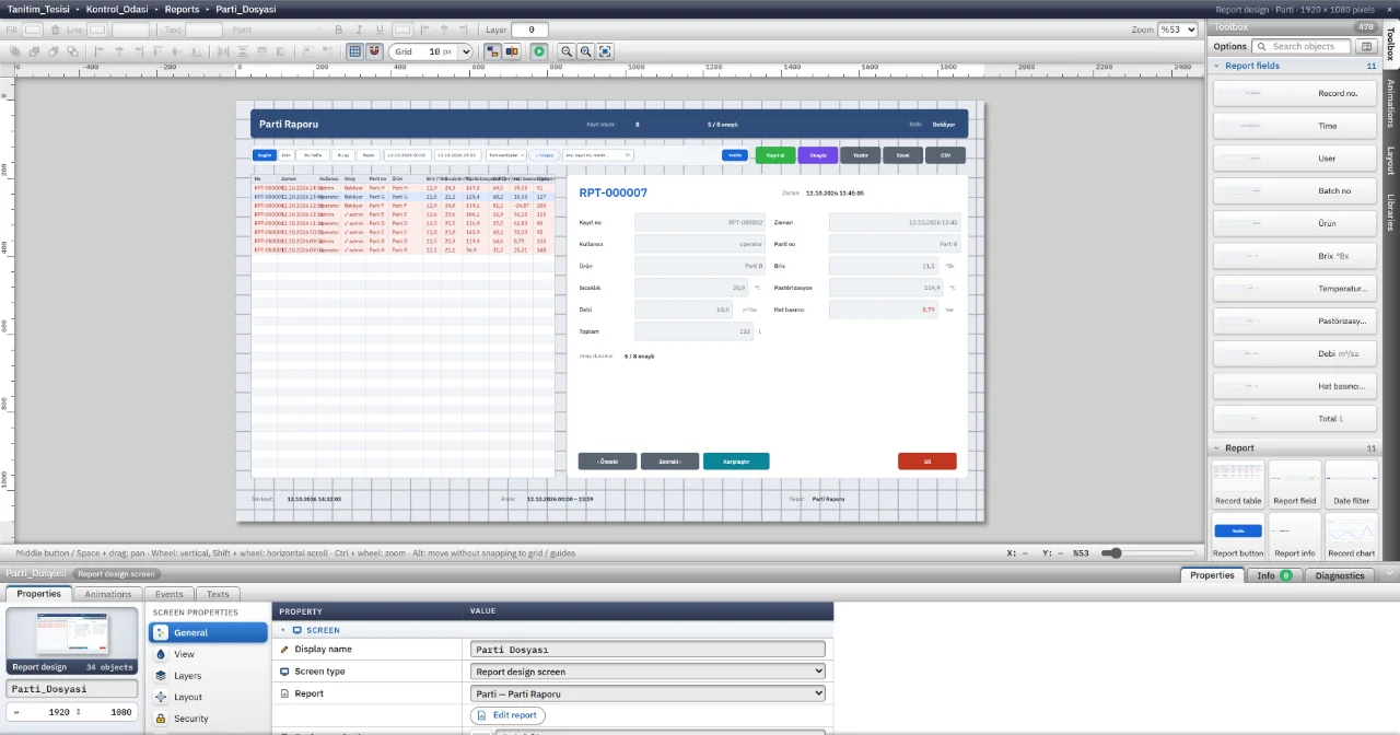 A report design page with a record table, date filter and buttons placed by drag and drop.