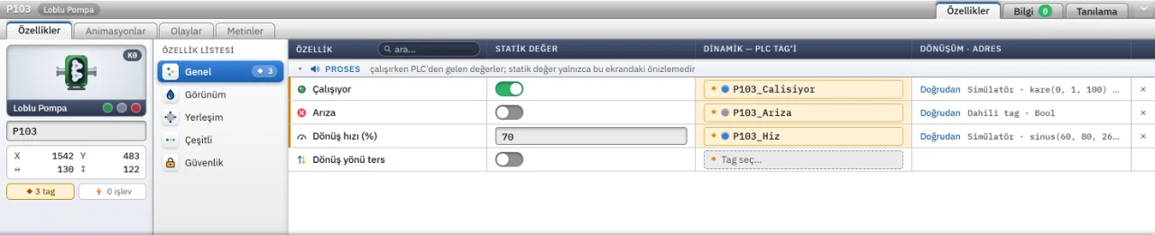 Bir pompanın çalışma, arıza ve hız özellikleri PLC tag'lerine bağlı.