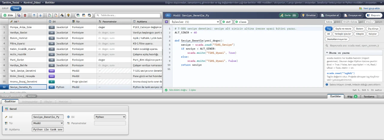 Python modülü ve sağda scada.read / scada.write başvuru paneli.