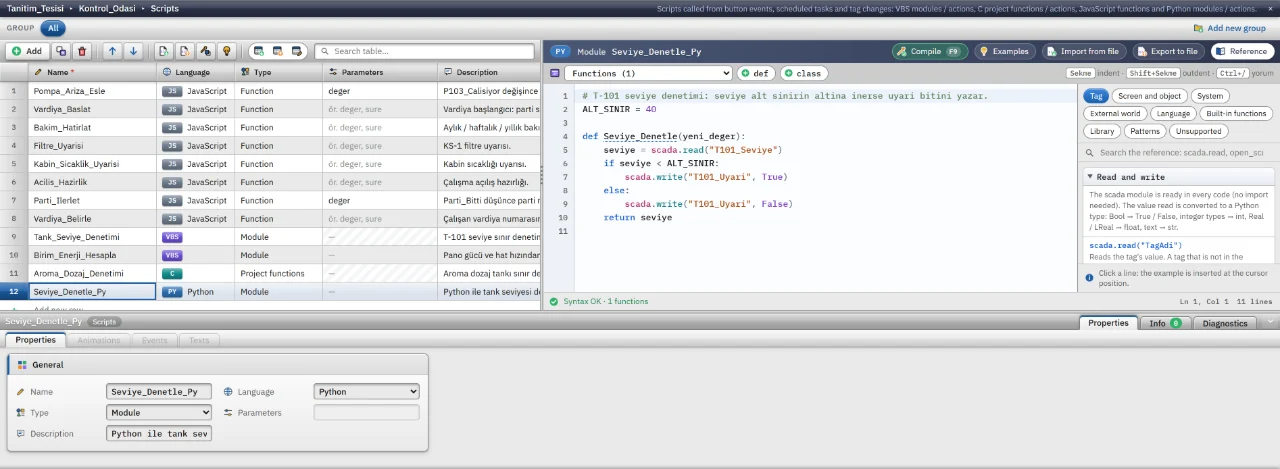 A Python module with a scada.read / scada.write reference panel on the right.