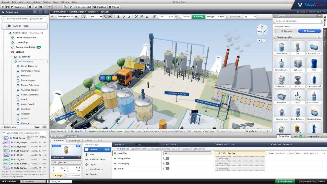 The 3D plant scene in the editor, with the 3D object library on the right.
