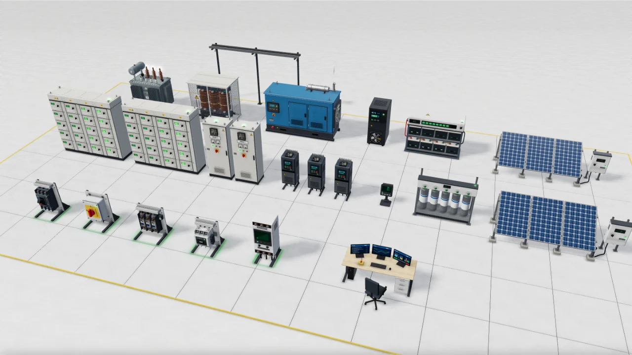 Trafo, jeneratör, UPS, pano ve sürücülerden oluşan 3B elektrik sahası.