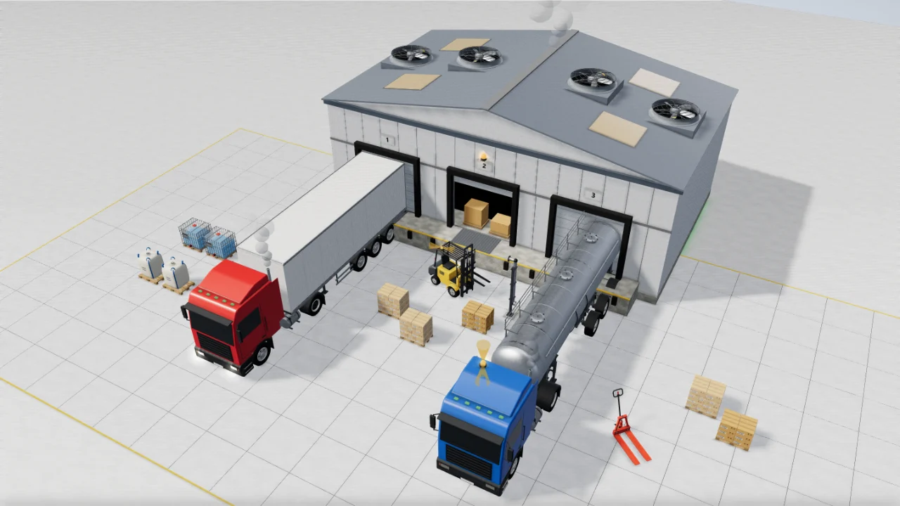 Tır, silobas, forklift, palet ve depo binasından oluşan 3B yükleme sahası.