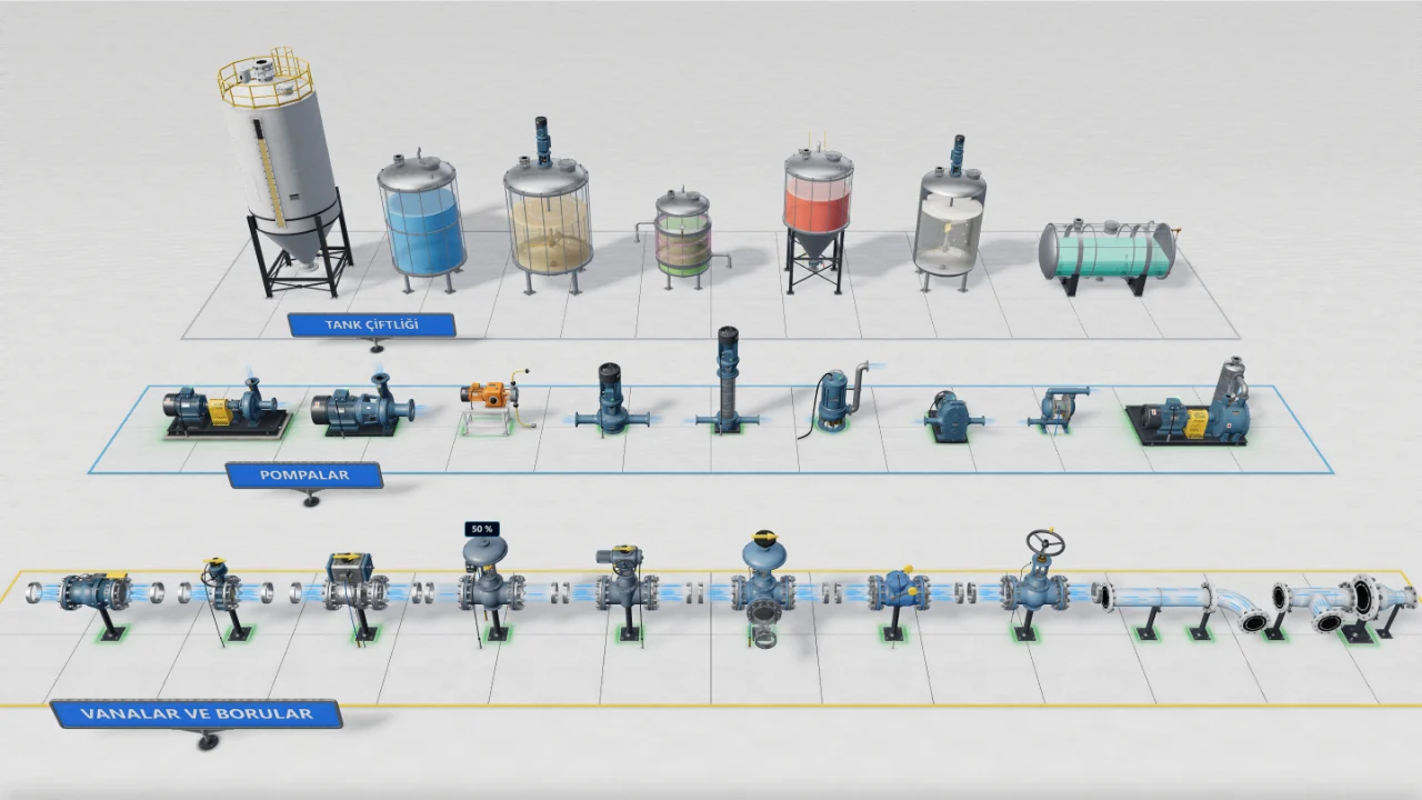 Silo, tank, pompa, vana ve boru parçaları gerçekçi modelle tek sahnede.
