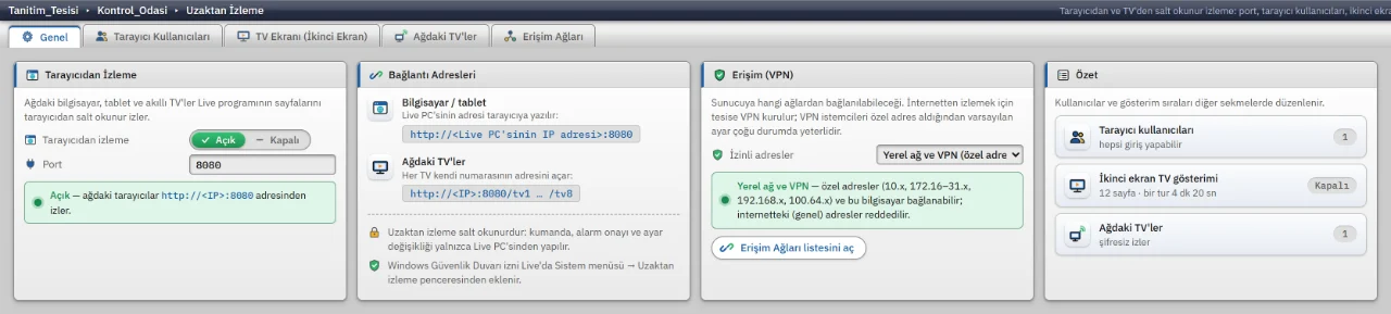 Uzaktan izleme ayarlarında port, adresler, tarayıcı kullanıcıları ve TV sıraları.