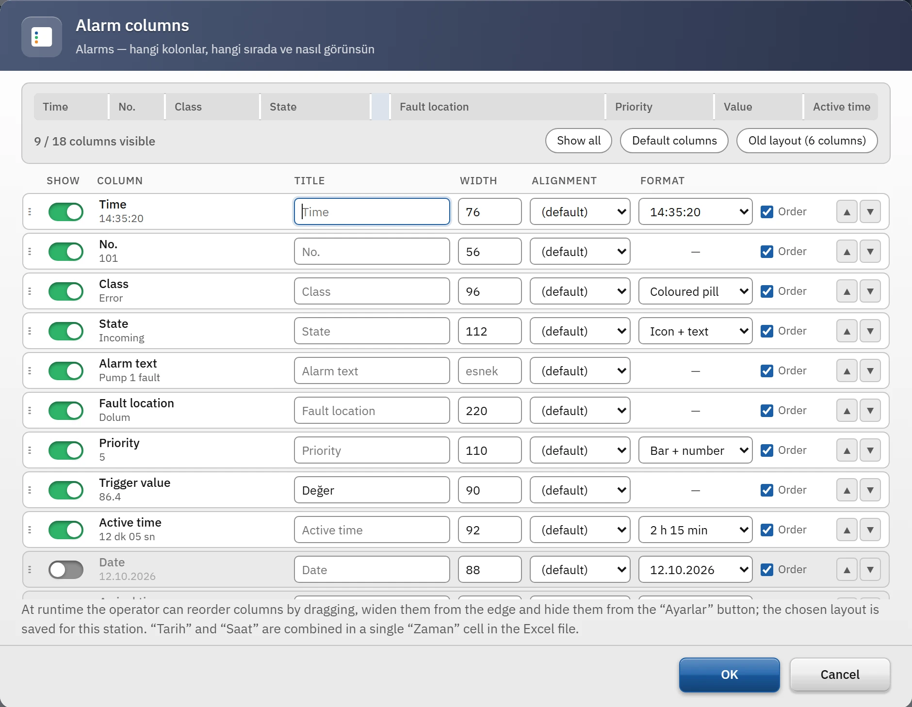 Alarm columns window: show, title, width, alignment, format and sort options.