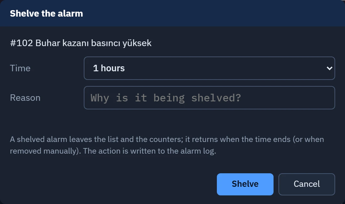 Shelve alarm window: duration and reason.