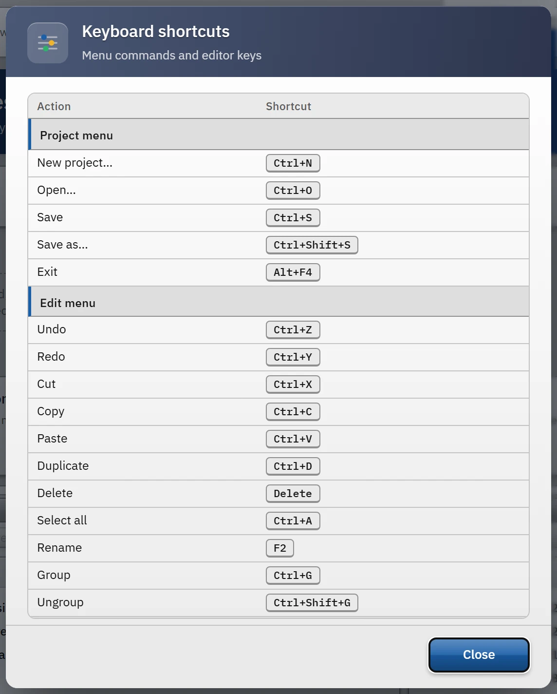 Help > Keyboard shortcuts…: menu commands and editor keys in a single table.