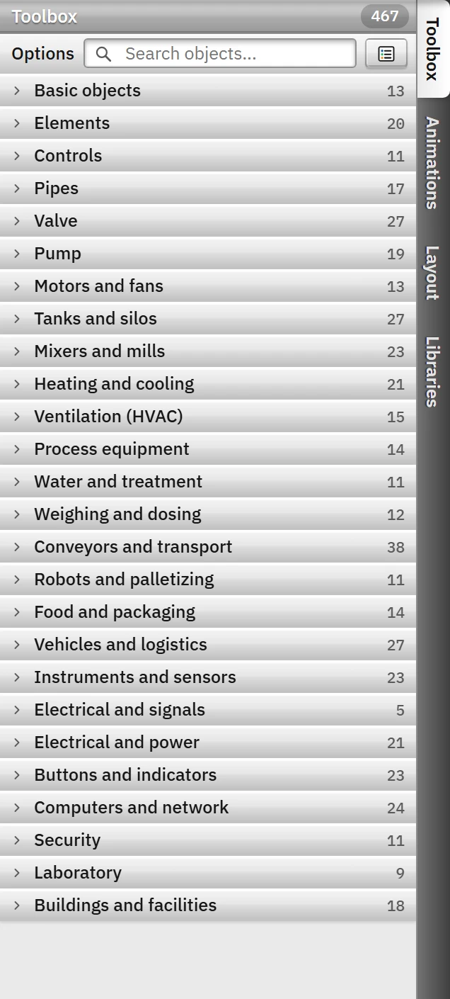 The Toolbox on a normal screen with all groups collapsed: 26 groups and 467 objects are visible. The number in the header is the object count of the group; the Recipe and Report groups are listed only on design screens.