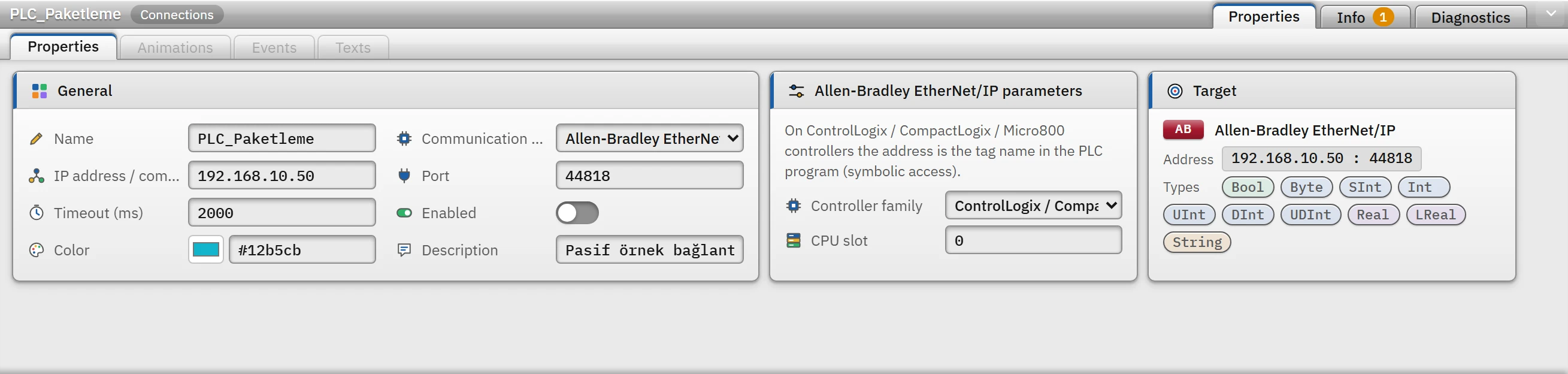 Parameters of an Allen-Bradley connection: controller family and CPU slot.