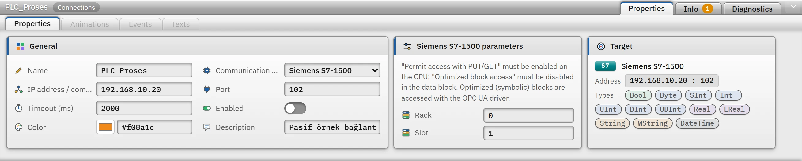 The parameter and Target cards of the selected connection in the Inspector.