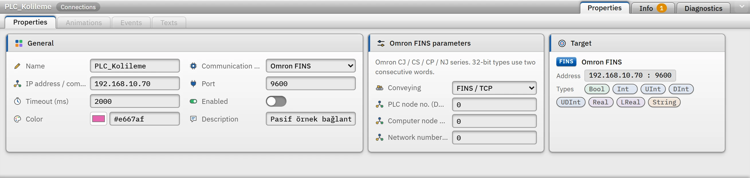 Parameters of the Omron FINS connection: transport type and node / network numbers.