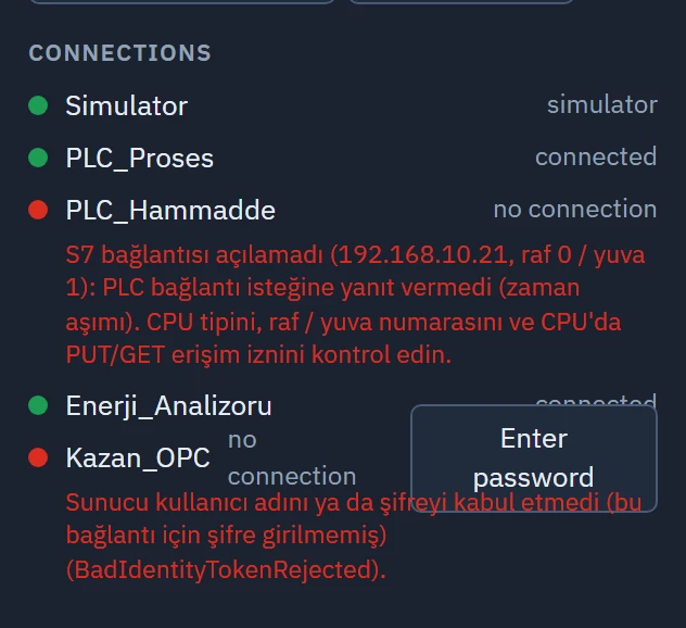 The Live system menu: in the Connections section, the state of each connection, the error message if there is no connection, and the password button.