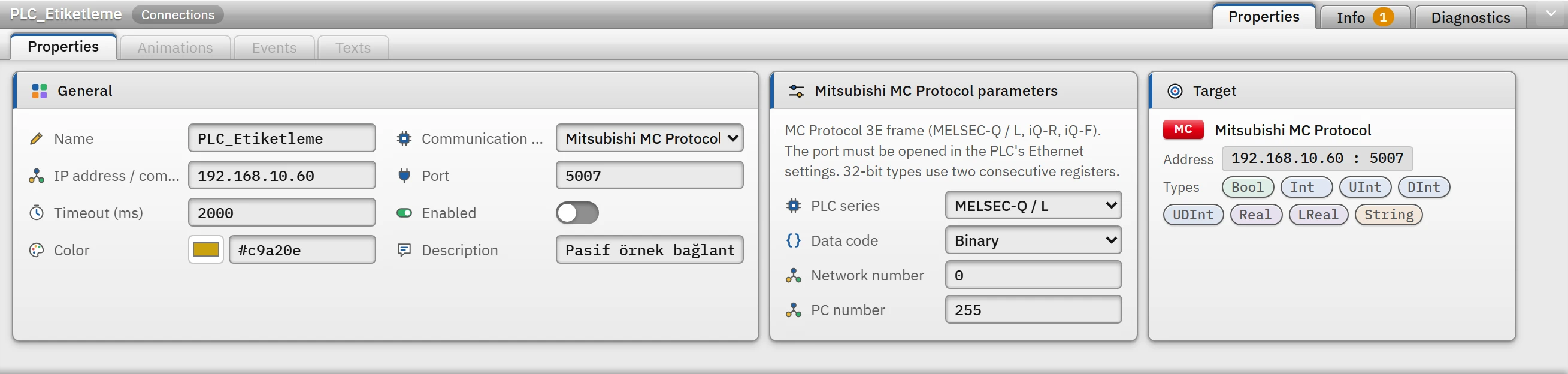 Parameters of the Mitsubishi MC connection: PLC series, data code, network and PC number.