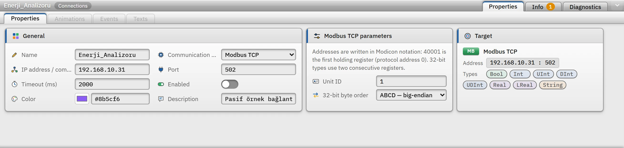 Parameters of the Modbus TCP connection: unit ID and 32-bit byte order.