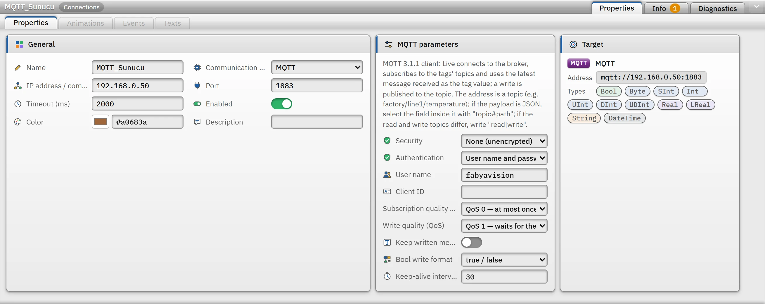 Parameters of the MQTT connection; the Target card shows the mqtt:// or mqtts:// address.