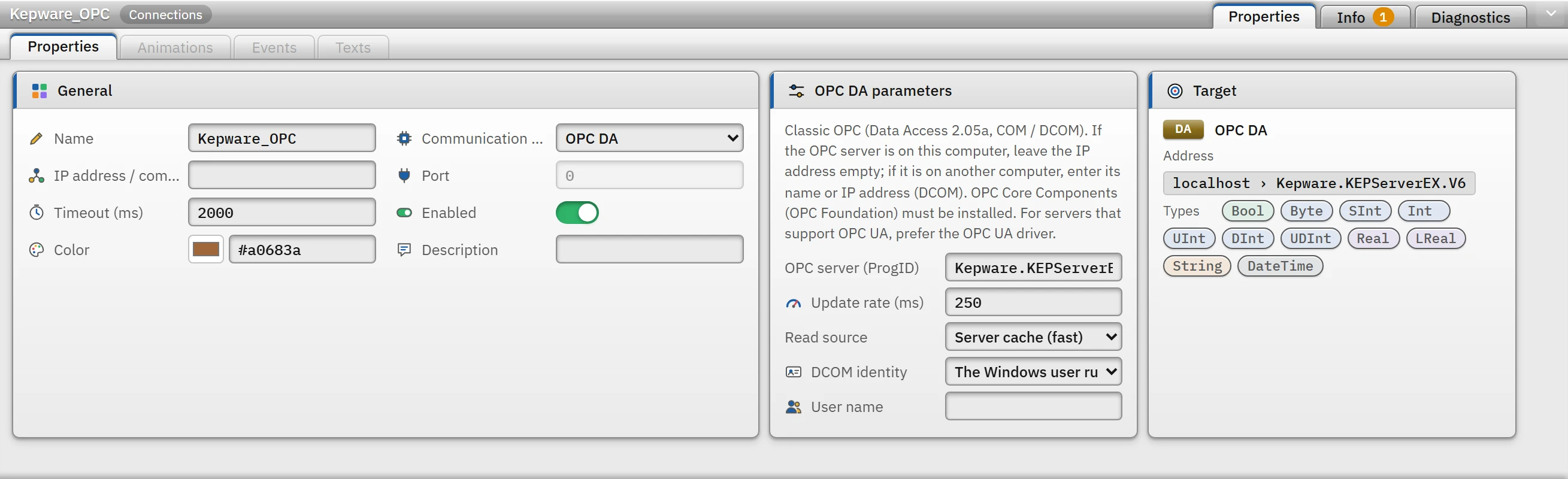 Parameters of the OPC DA connection; the Target card appears in the form bilgisayar › ProgID .