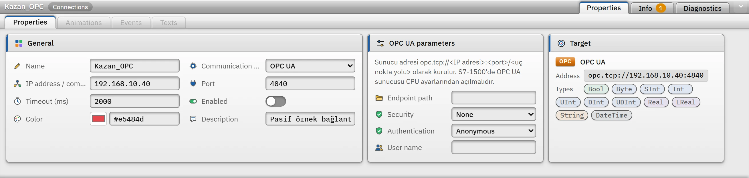 Parameter card of the OPC UA connection: endpoint path, security and authentication; the Target card at the bottom shows the full address.