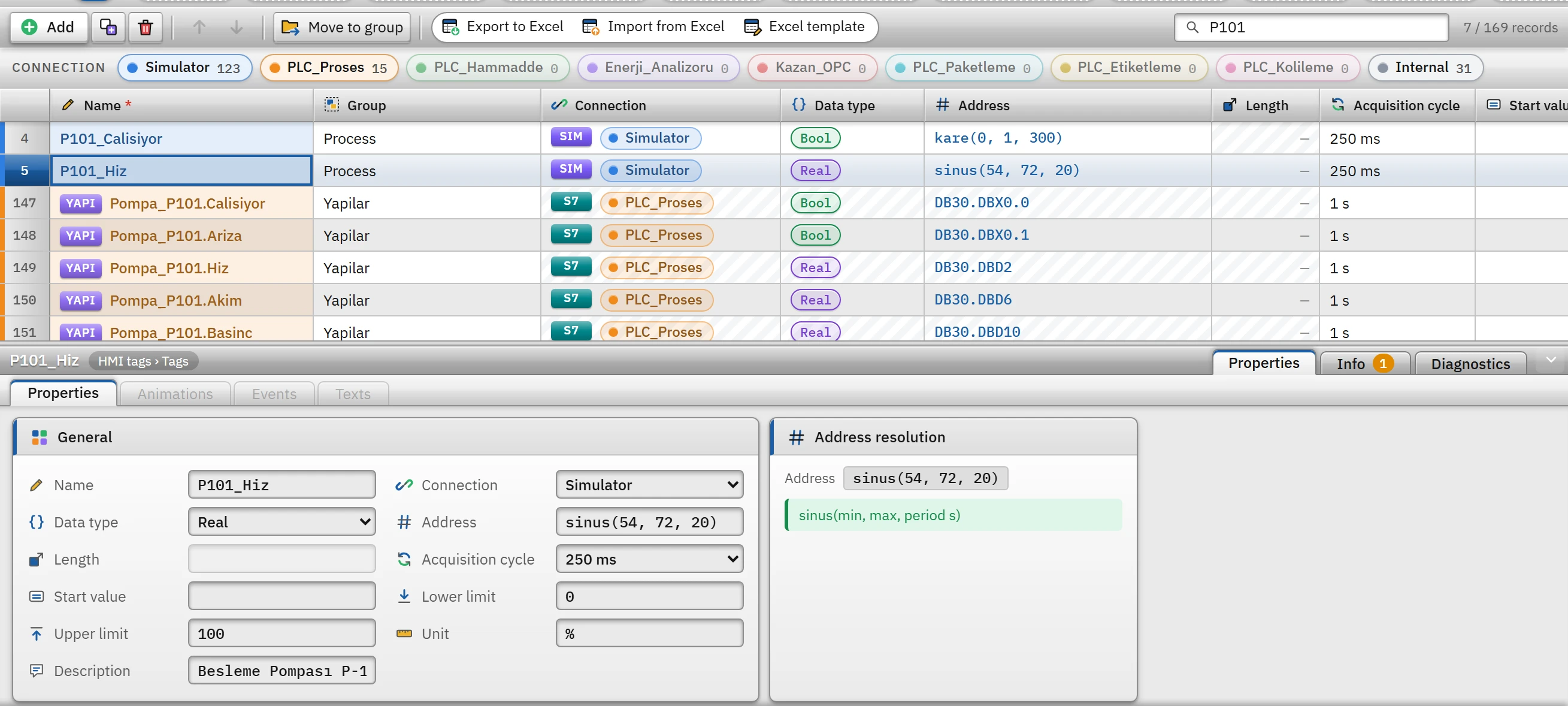 Simulator tags: the functions in the address column define the signal; the address resolution of the selected tag appears in the Inspector.