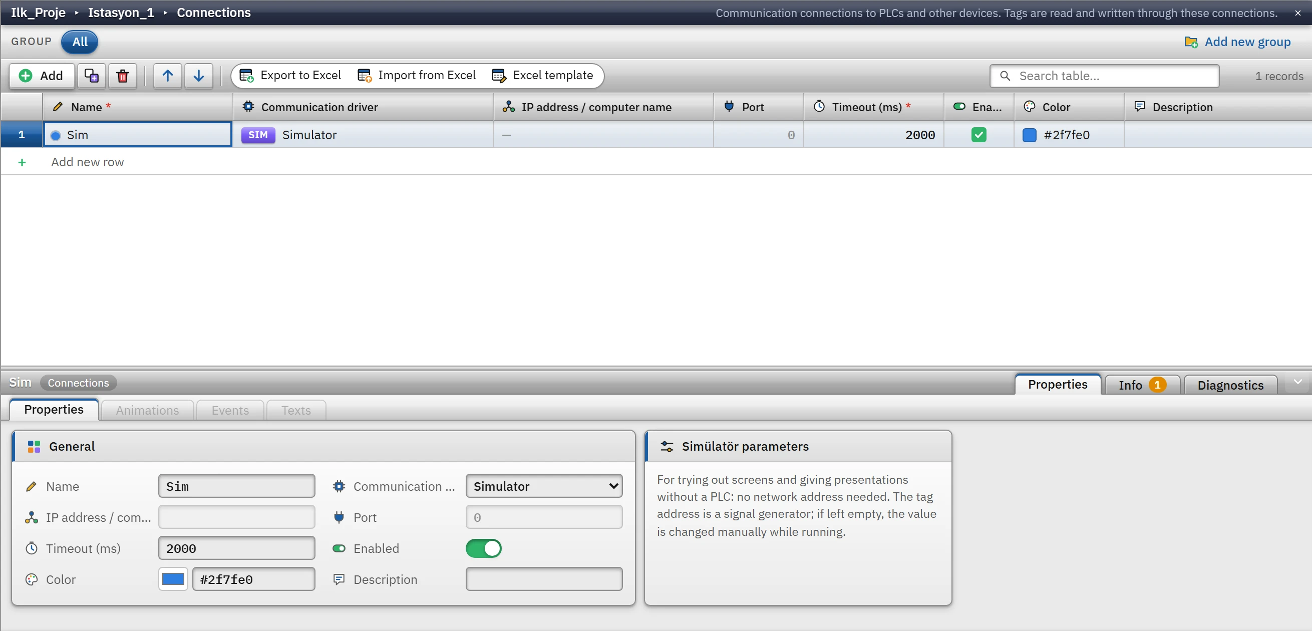 Sim connection: the driver is Simulator; no IP address or port is required.
