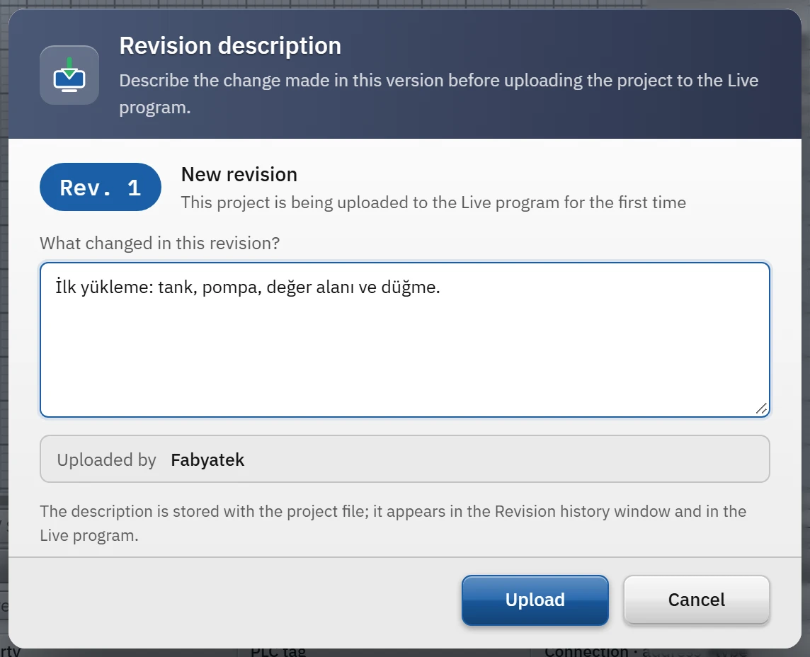 Revision description: each upload is saved as a revision together with its description.