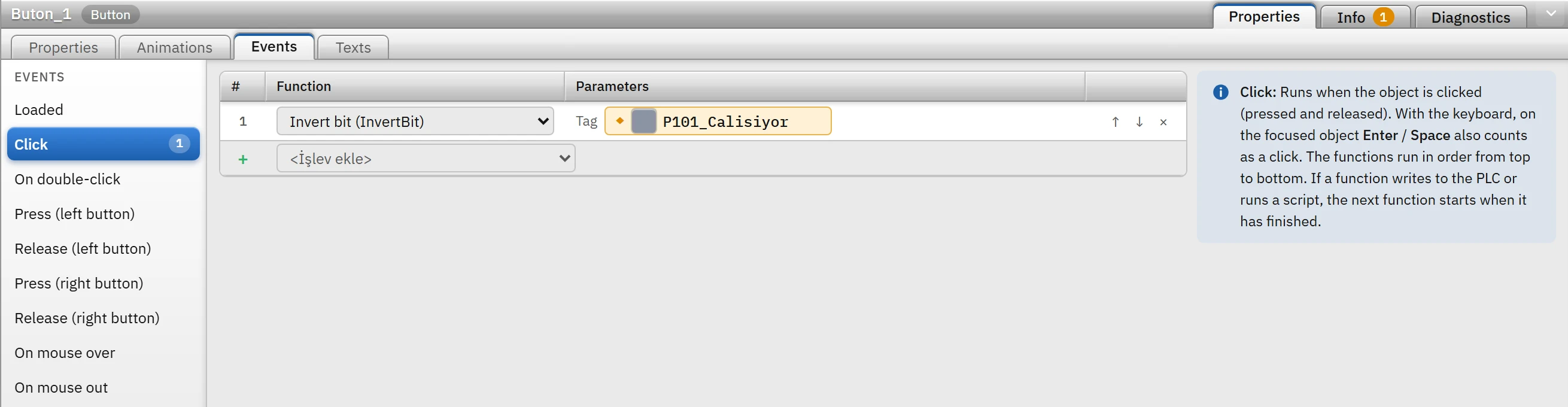 Click event: inverts the value of P101_Calisiyor.