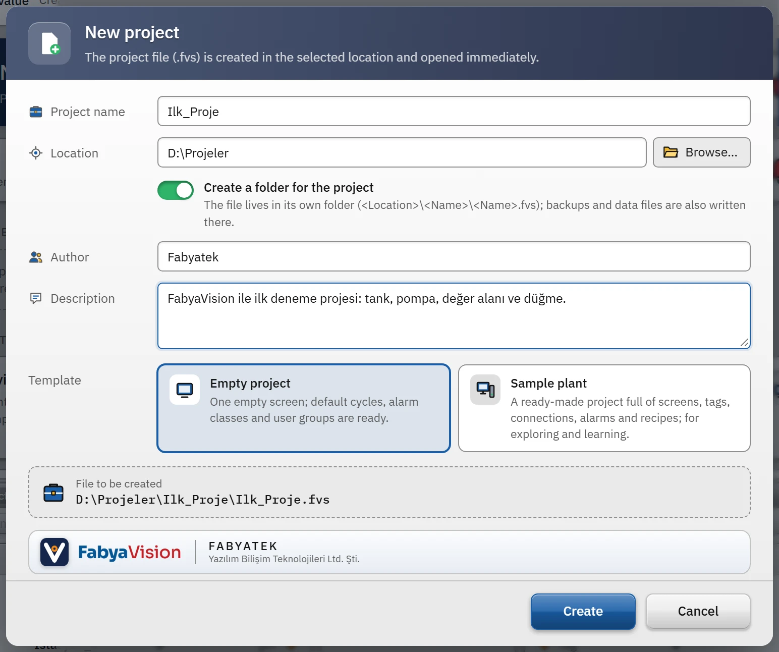 New Project window: name, location and template.