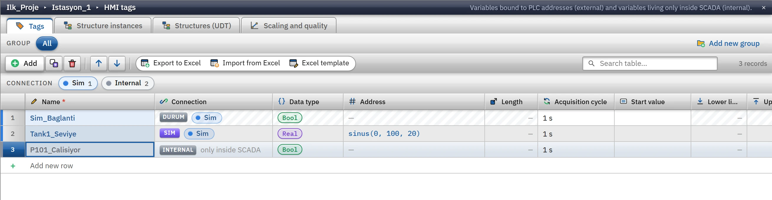HMI tags: two tags and the status tag generated automatically for the connection.