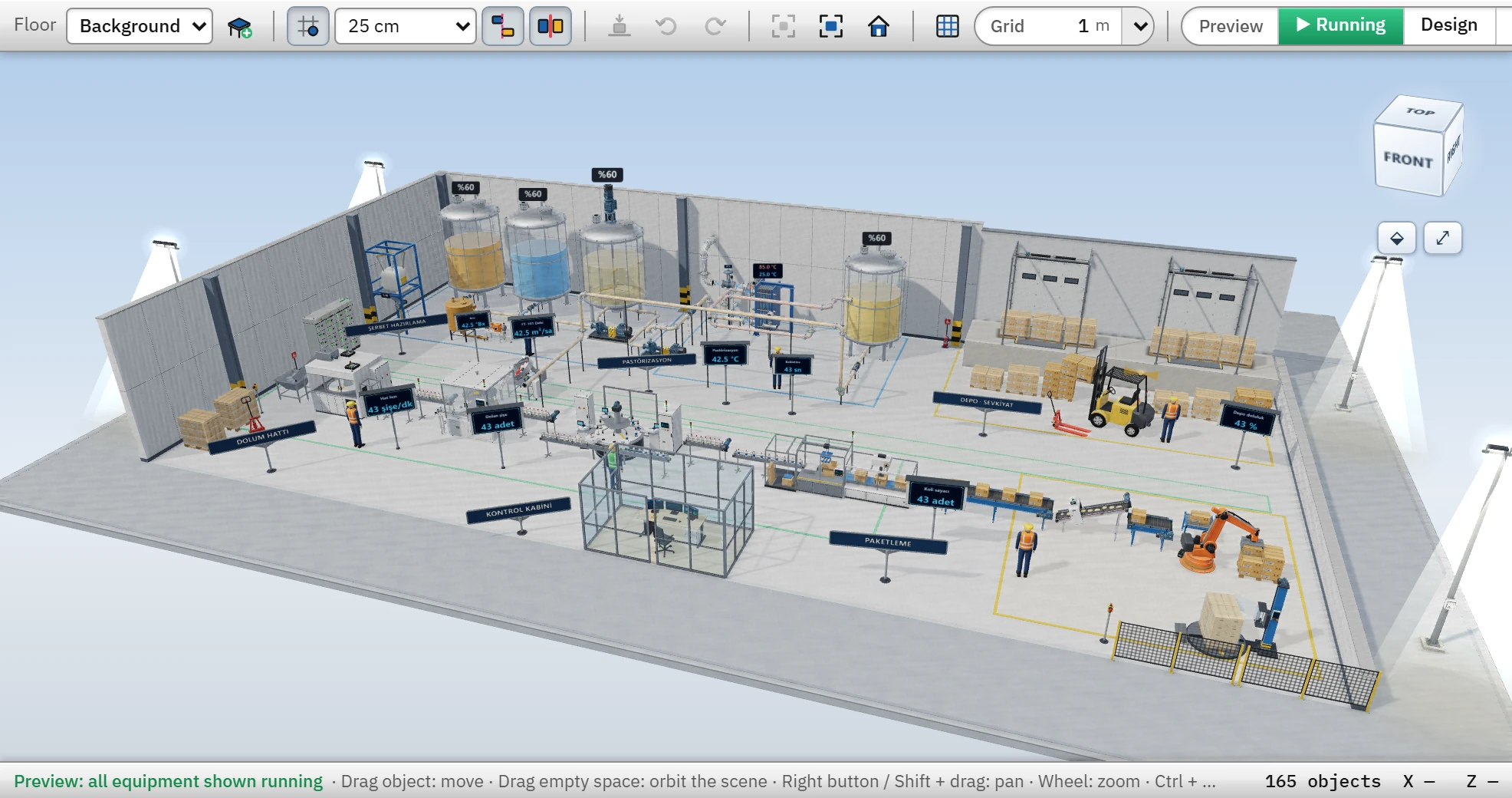 The Uretim_3B scene in the 3D editor of Studio; the equipment is shown as running.