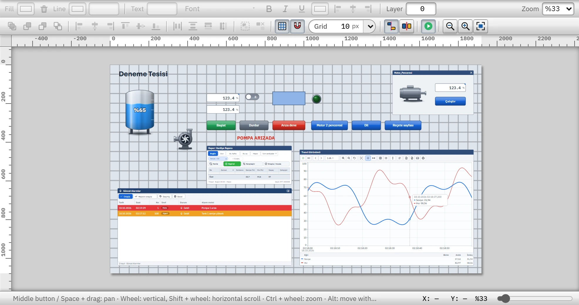 Main screen of Ornek_Tesis: tank, pump, buttons, alarm, trend, report and recipe components.