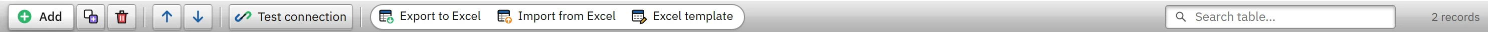 Archive with SQL Server mirroring selected: the table name and connection string fields are enabled; the Test connection button is on the toolbar.