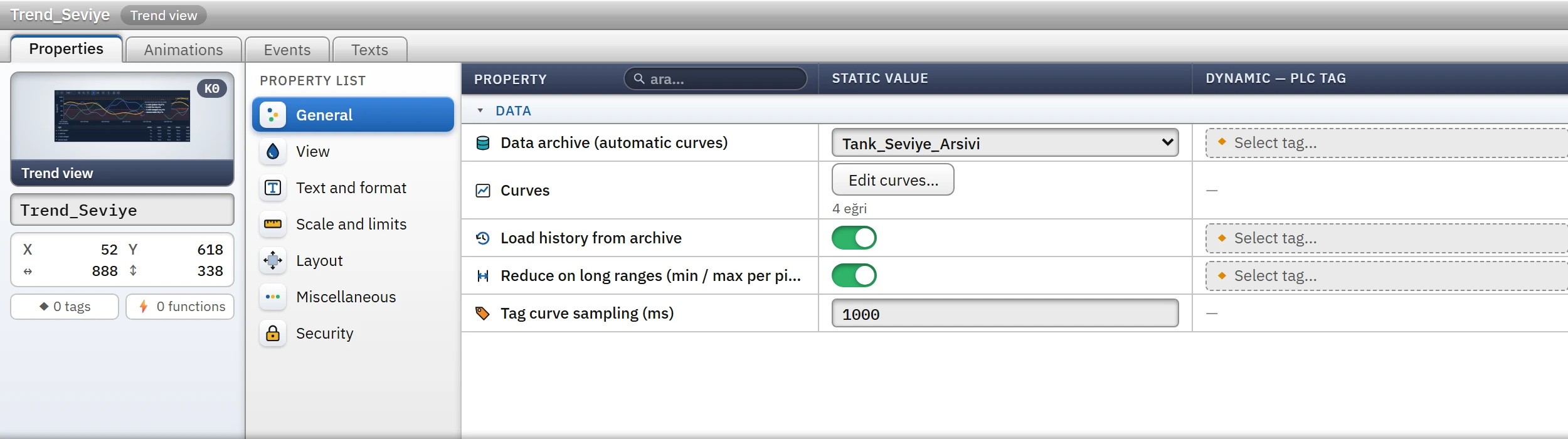The General category of the Trend view: data archive, curves and data reading options.