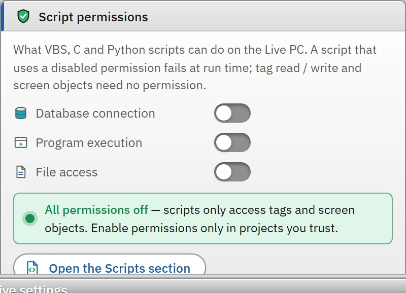 Live settings › General › Script permissions: database, program and file permissions (default: off).