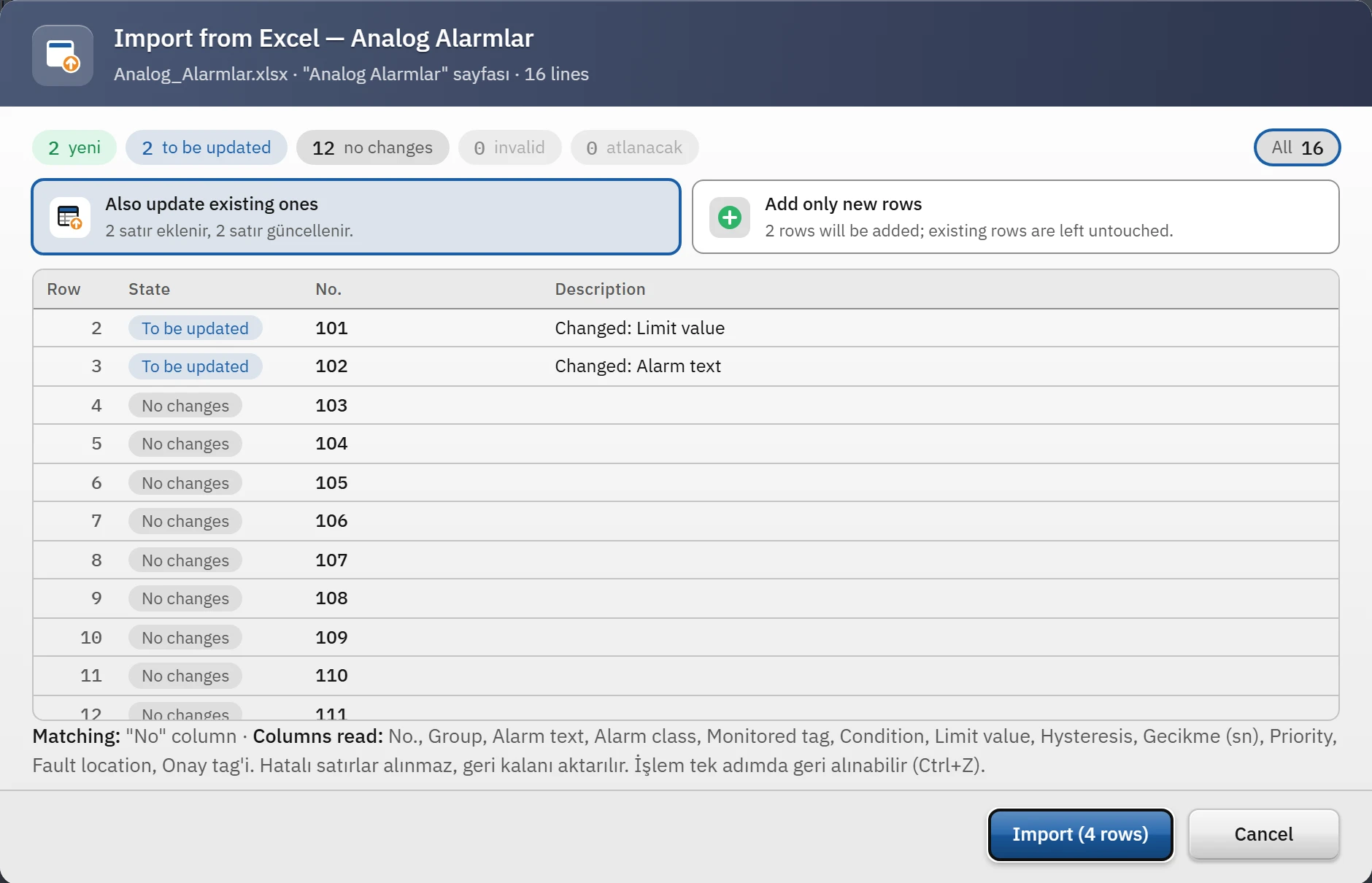 Preview of Import from Excel: the exported analog alarm table is imported back after two rows were deleted and two cells changed.