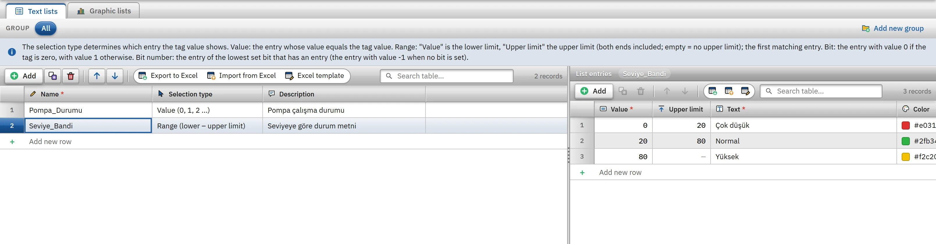 Text lists: the Seviye_Bandi range list and its entries. (The sample lists have been added in memory.)