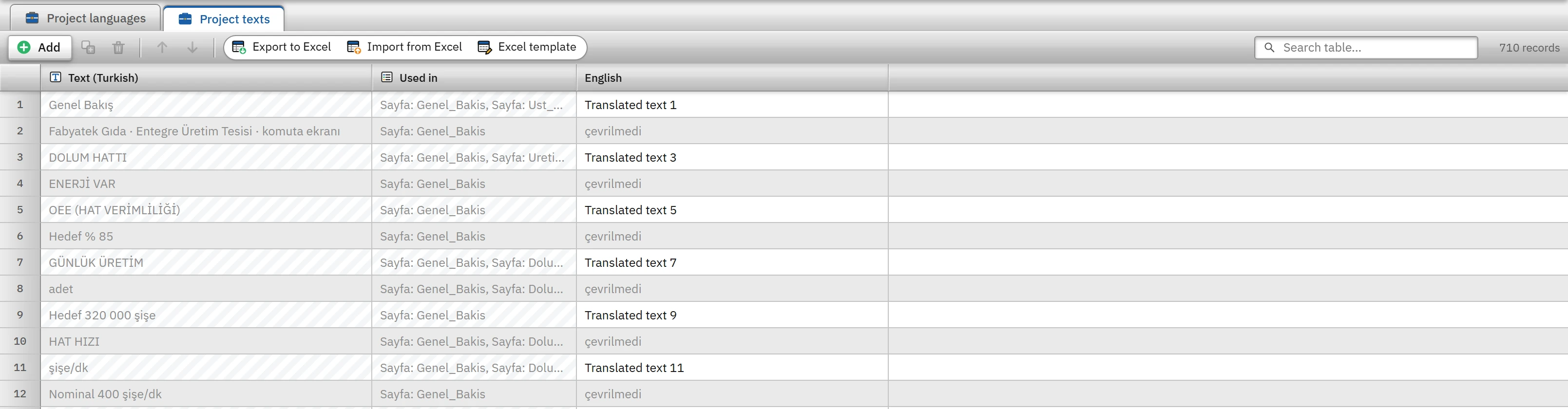 Project texts: the text in the design language, where it is used, and the translation into the additional language.