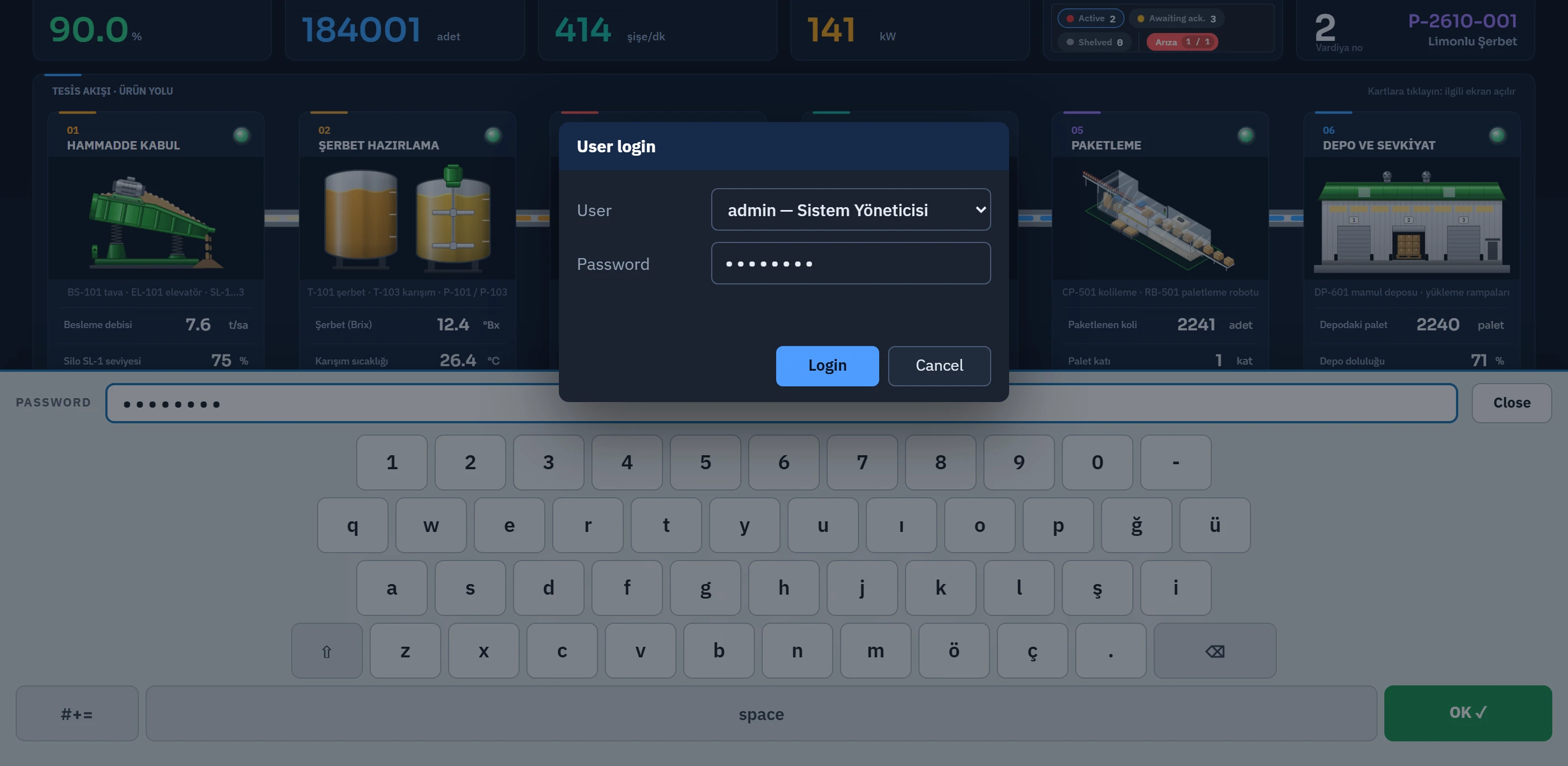 The on-screen keyboard that opens when the password field is touched in the login window: the field name and the typed value (the password as dots) at the top, the keys below.