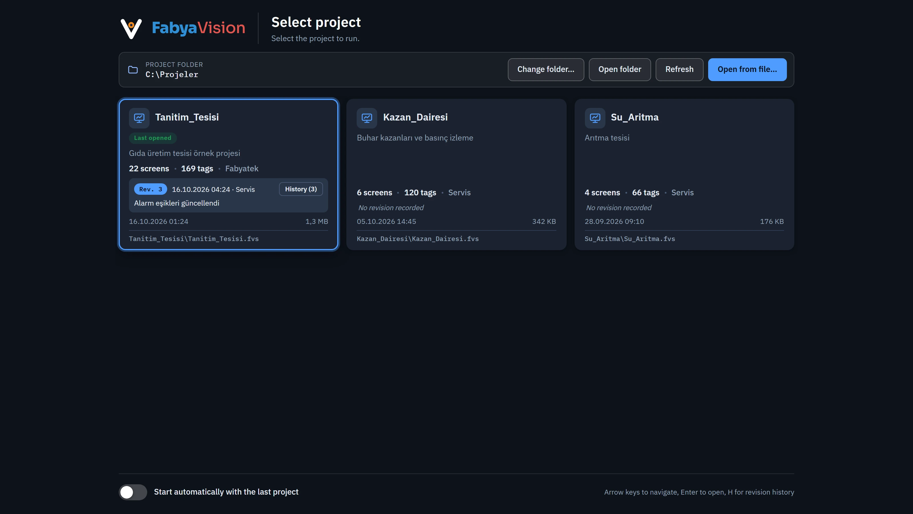 Project selection screen: the projects in Live's project folder are listed as cards (with a sample project list).