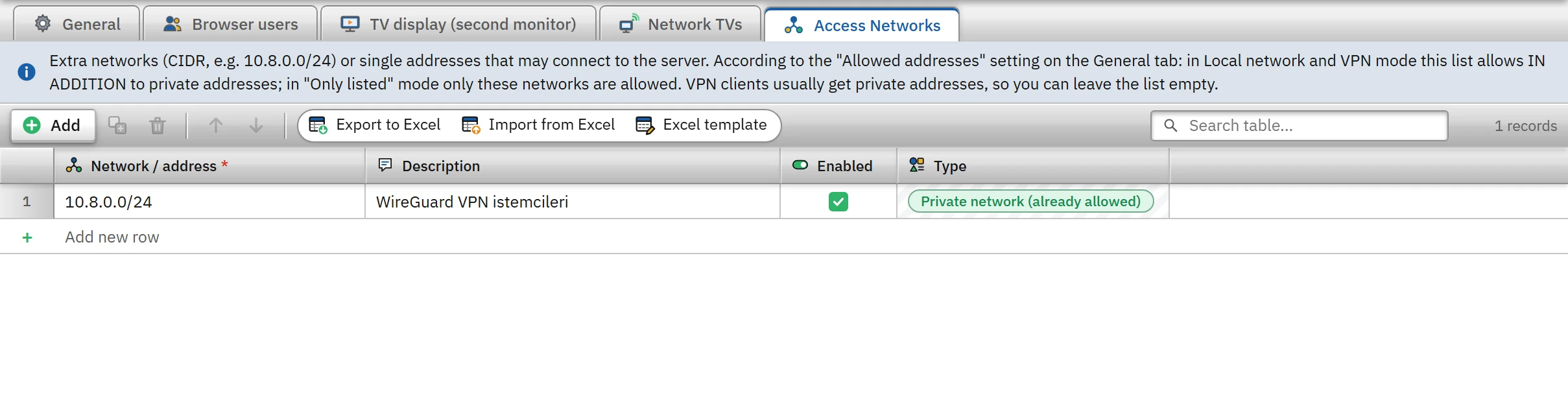 Access Networks: additional permitted networks (CIDR) or single addresses.