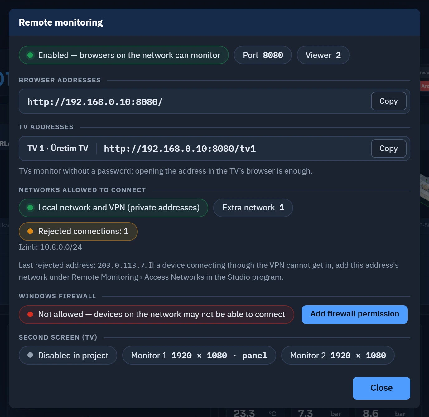 The Remote monitoring window in Live (with a sample server state): status, addresses, access networks, firewall and second screen.