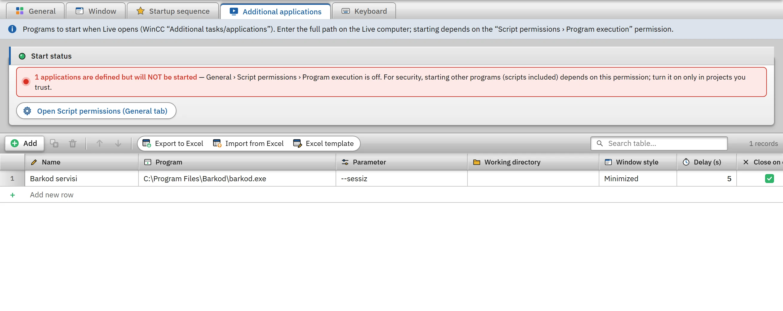 Additional applications: the start status strip and the application table (with a sample row).