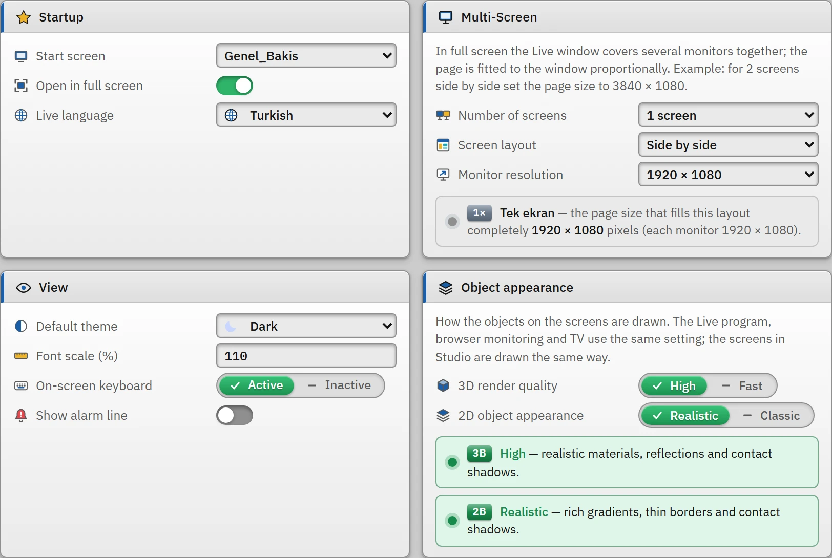 Live settings › General: the Startup, Multi-Screen and Appearance groups.