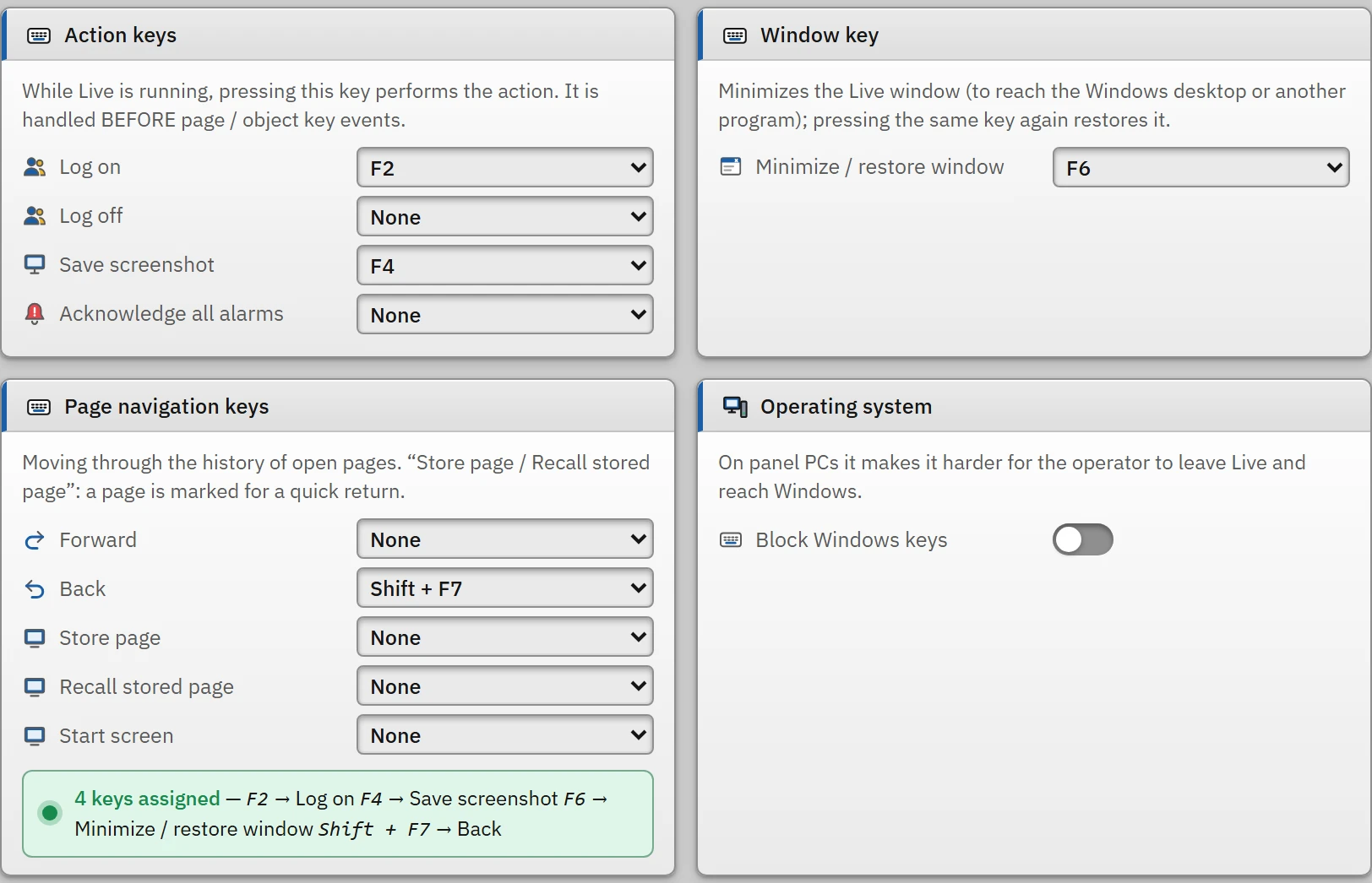Keyboard tab: action keys, window key, screen navigation keys and the operating system option (with sample assignments).