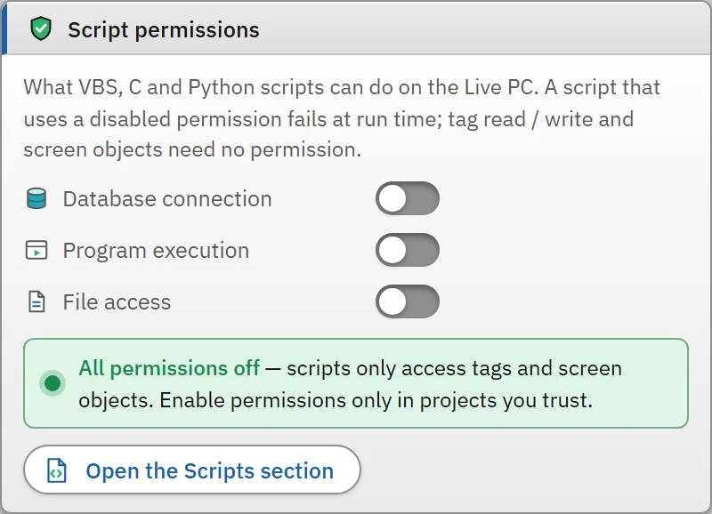 Script permissions card: three permissions and a status summary.