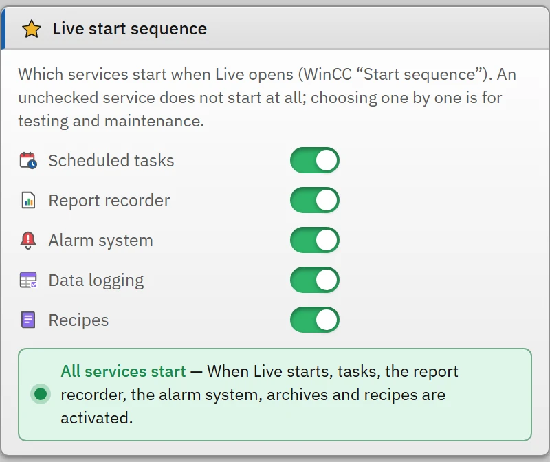 Startup sequence: five services and their descriptions.